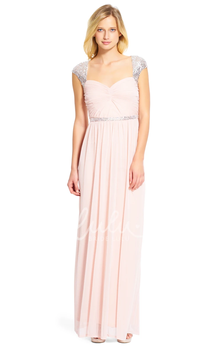 Cap-Sleeve Chiffon Bridesmaid Dress with Ruching Beaded Sheath