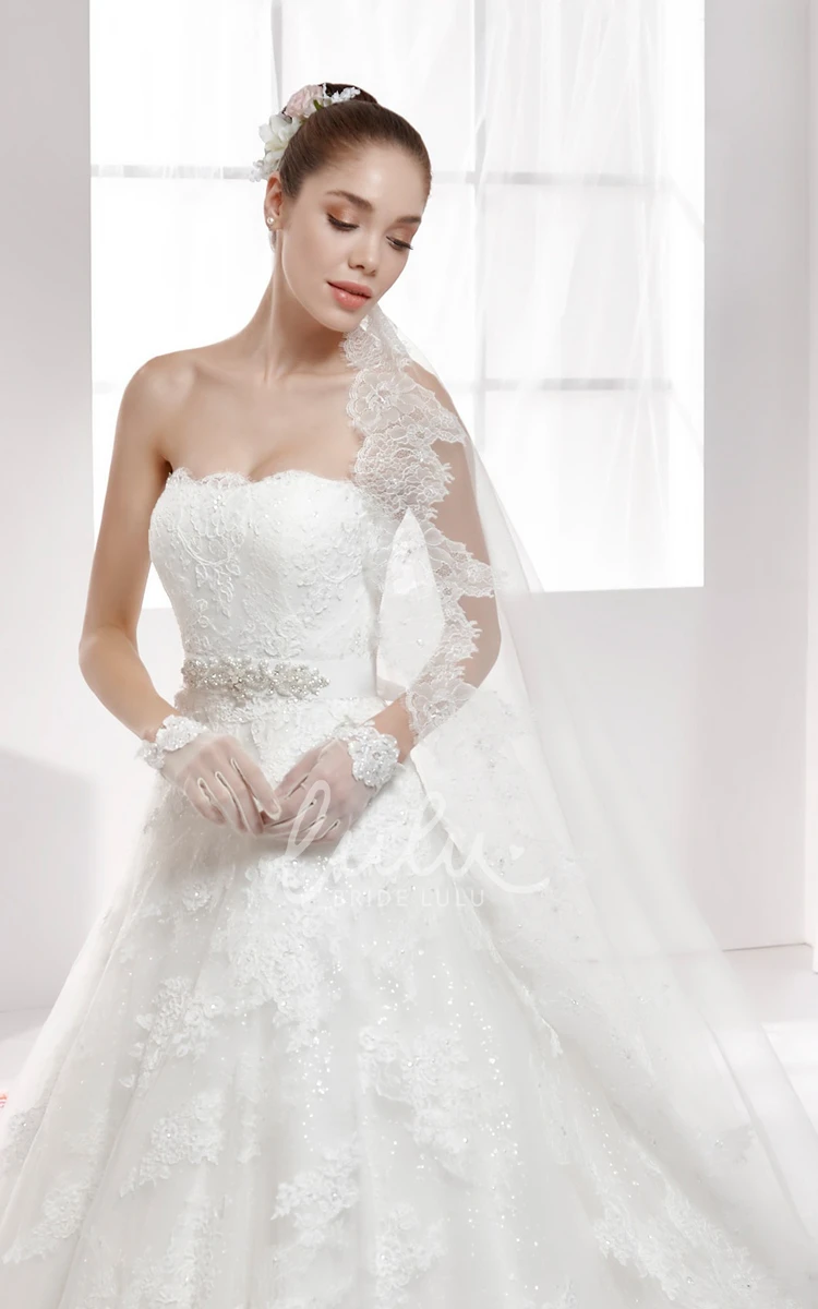 Beaded Waist Strapless A-Line Lace Wedding Dress with Back-Bow and Brush Train