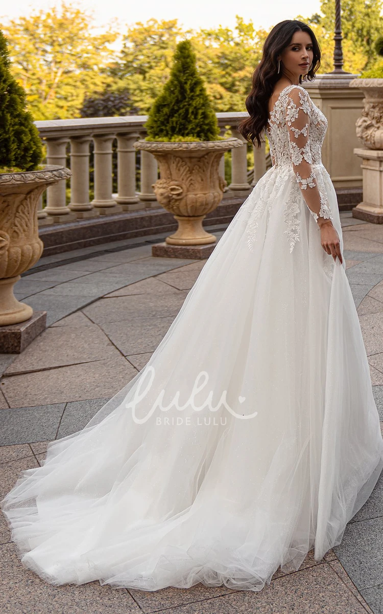 Casual A Line Tulle Wedding Dress with Plunging Neckline and Appliques Beach Bridal Gown Women
