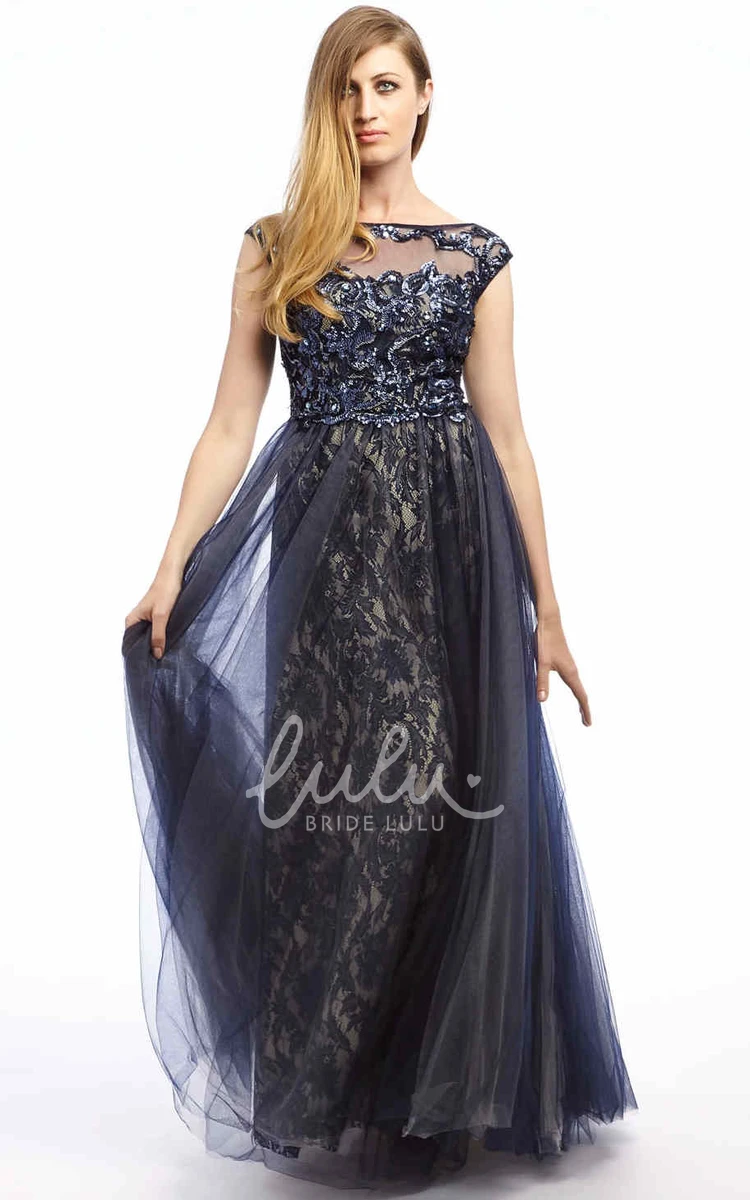 Floor-Length Bateau-Neck Tulle&Lace Prom Dress Cap-Sleeve Appliqued