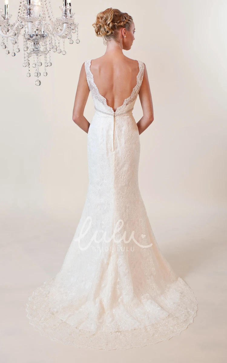 Lace Trumpet V-Neck Sleeveless Wedding Dress with Deep-V Back Elegant Bridal Gown