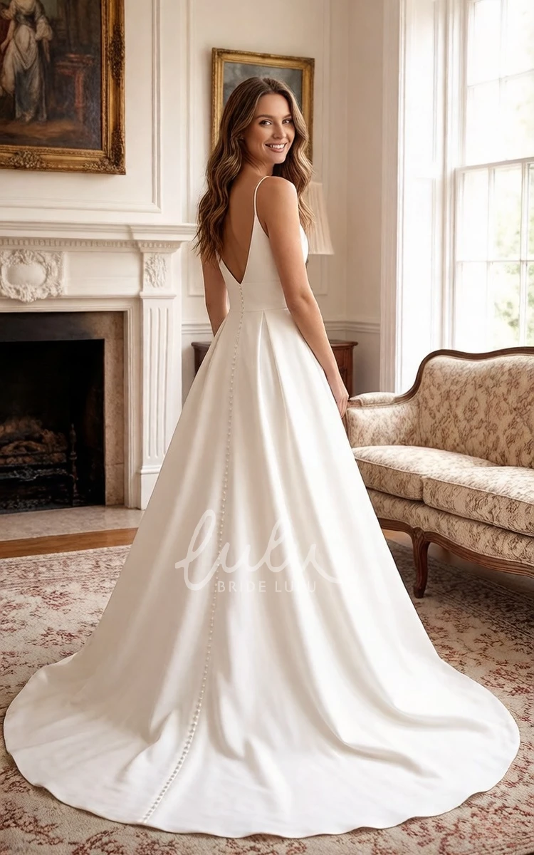 Minimalist Satin A-Line Wedding Dress Modern Sleeveless Deep V-Neck Bridal Gown