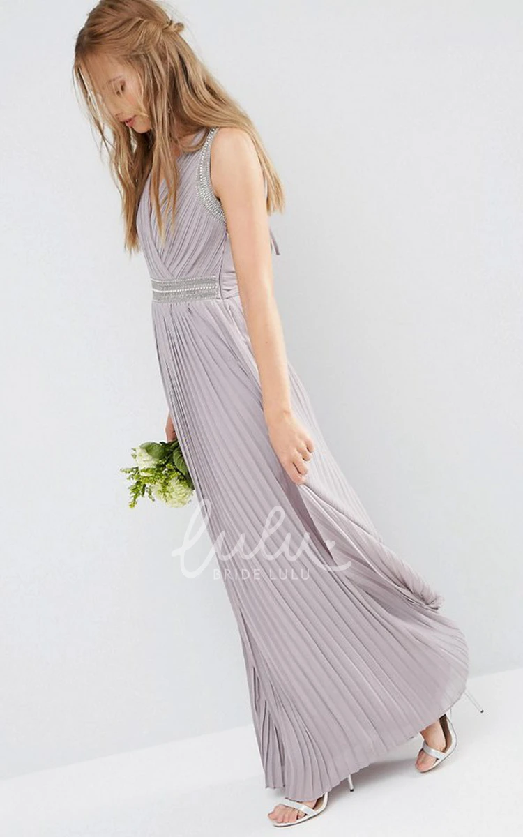 Ruched V-Neck Chiffon Bridesmaid Dress with Beading Ankle-Length