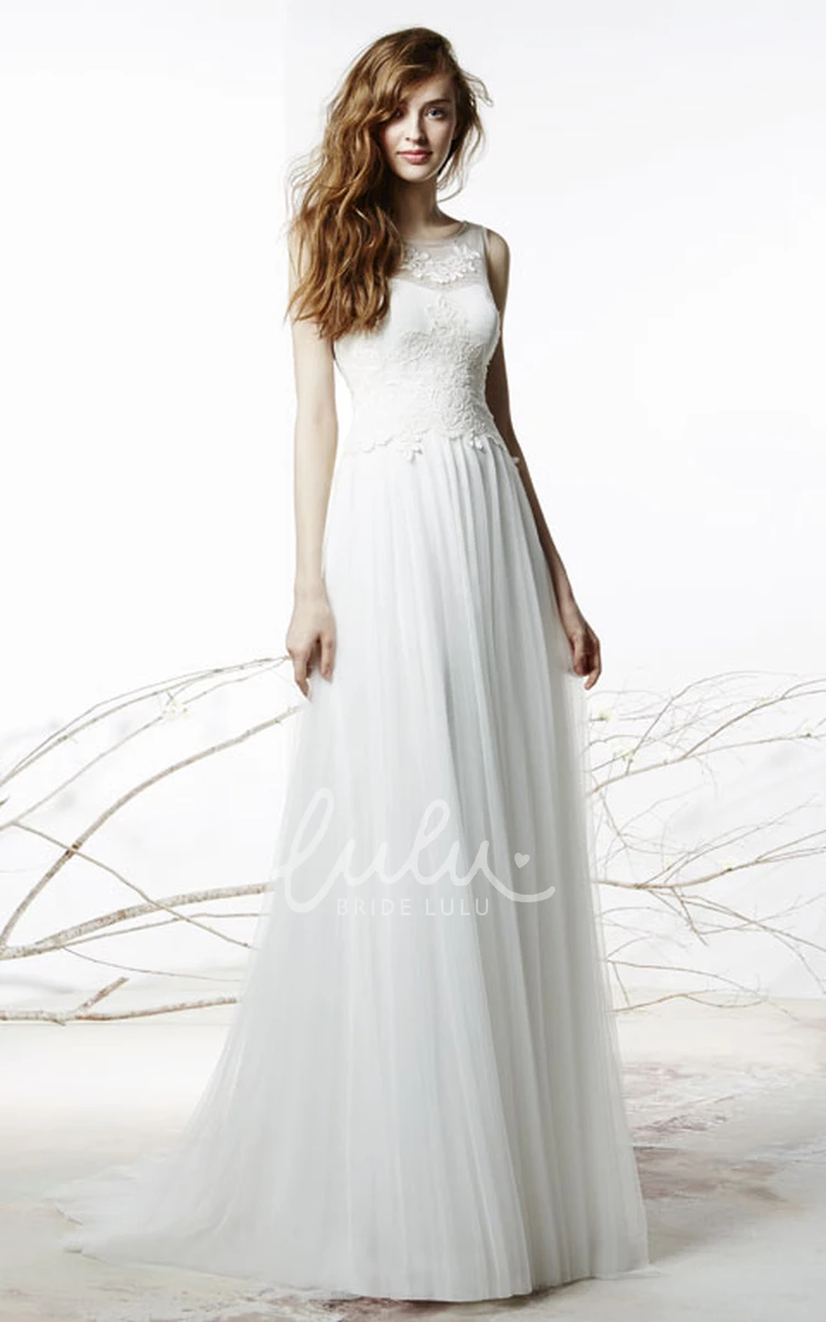 Bowed Tulle Wedding Dress with Sweep Train Long Appliqued Scoop Neckline Bridal Gown