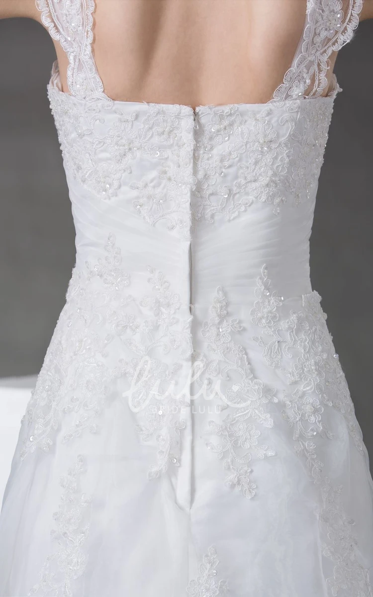 Lace A-Line Wedding Dress with Appliques Plunged Ruched Bridal Gown