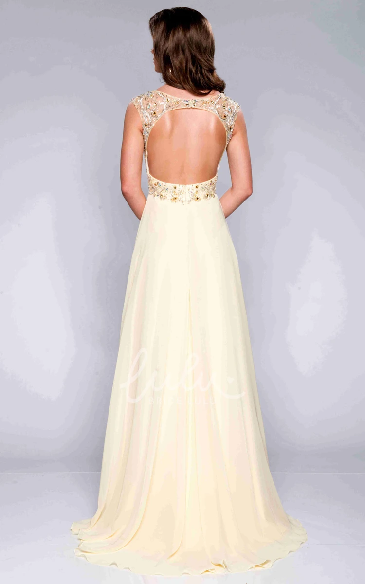 Chiffon Prom Dress with Beaded Bodice Cap Sleeves and Elegant Bateau Neckline