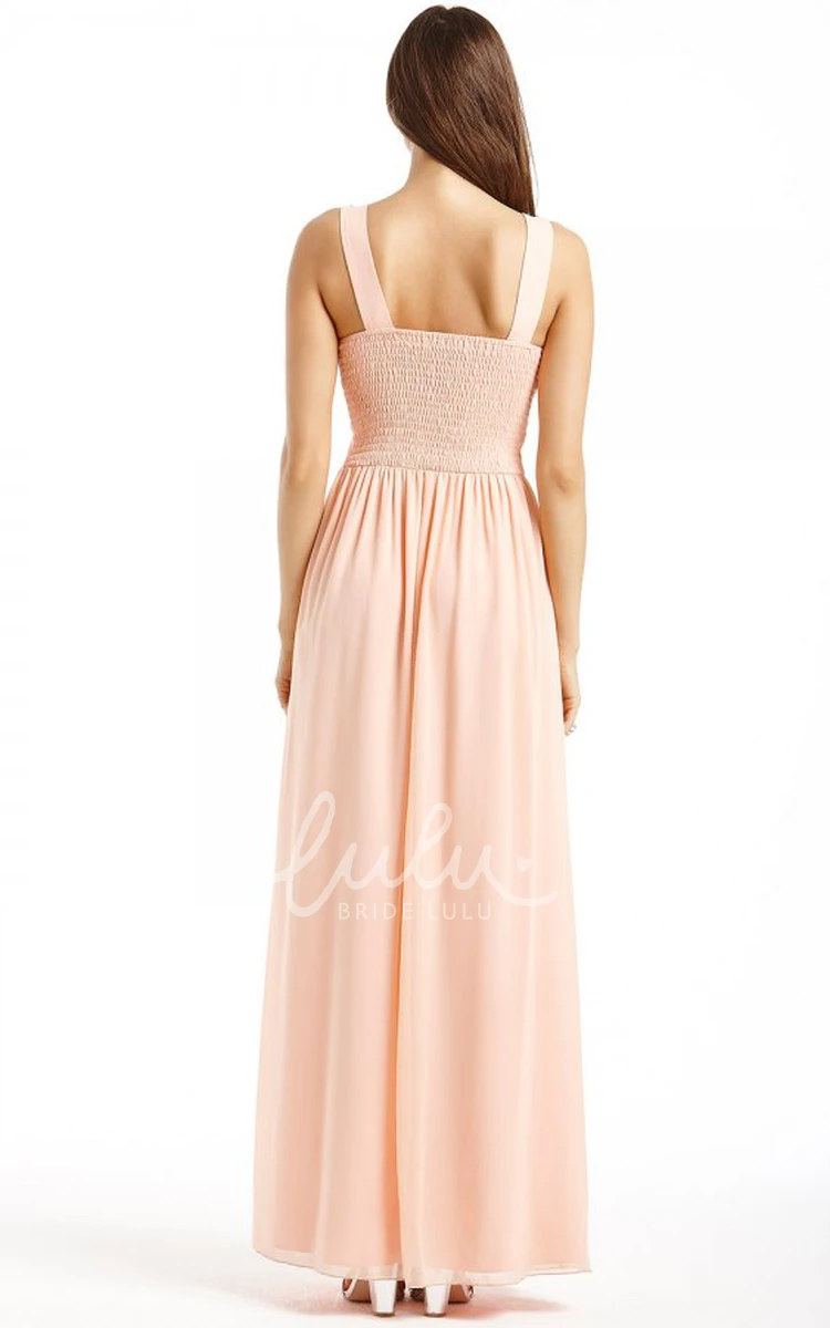 Sleeveless Ruched Chiffon Bridesmaid Dress with Bateau Neck Ankle-Length