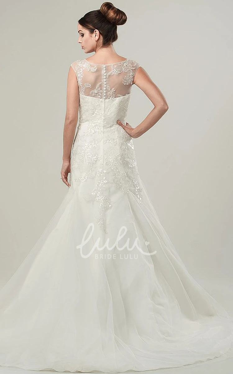 Beaded Tulle Wedding Dress with Cap-Sleeves & Appliques A-Line Style