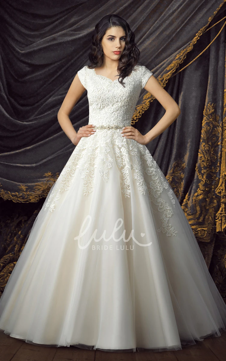 Ball Gown Court Train Wedding Dress with Cap Sleeves and Appliques Royal Wedding Dress