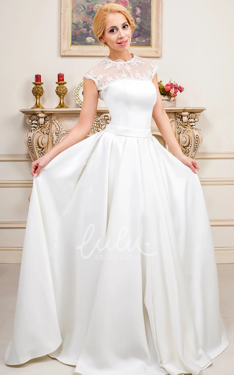 Appliqued Satin High-Neck Wedding Dress Floor-Length Cap-Sleeve