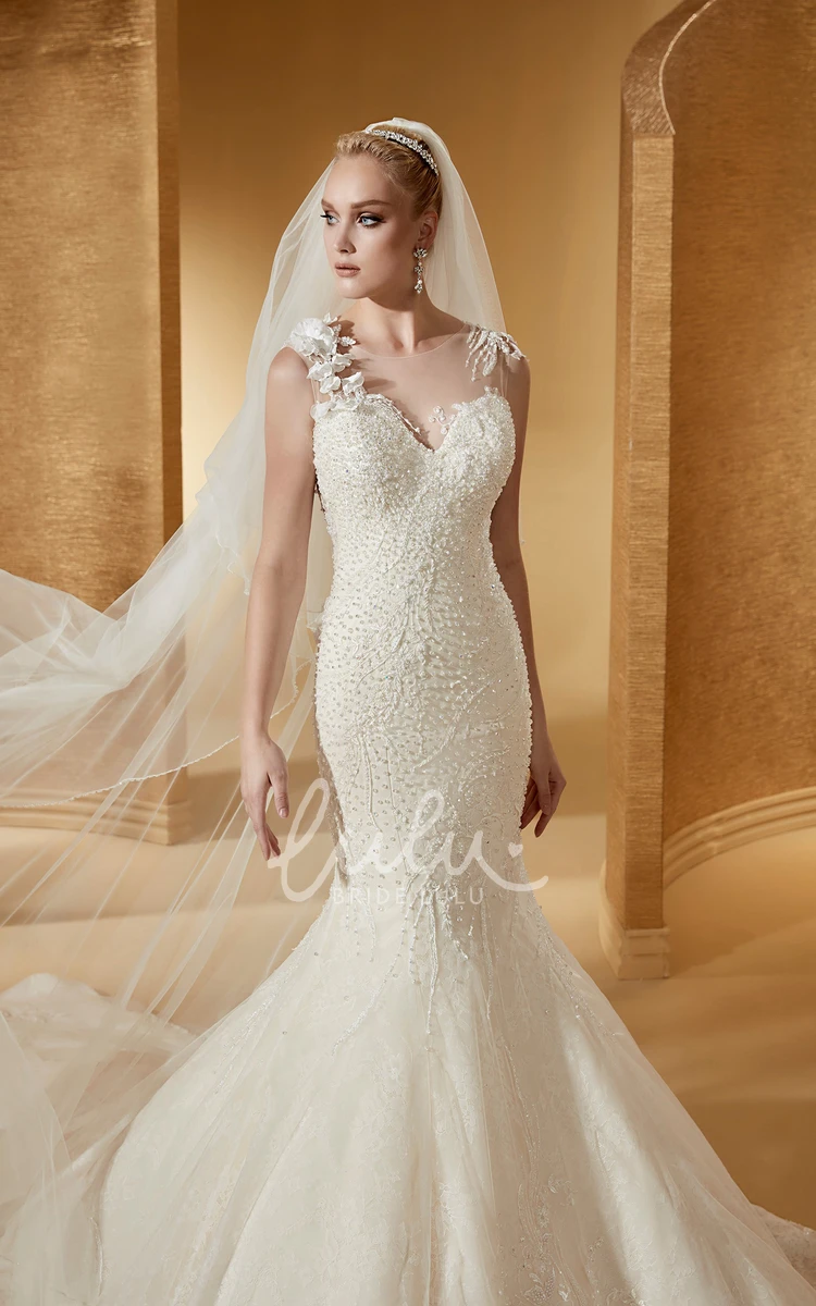 Mermaid Lace Wedding Dress with Cap Sleeves and Illusive Appliques