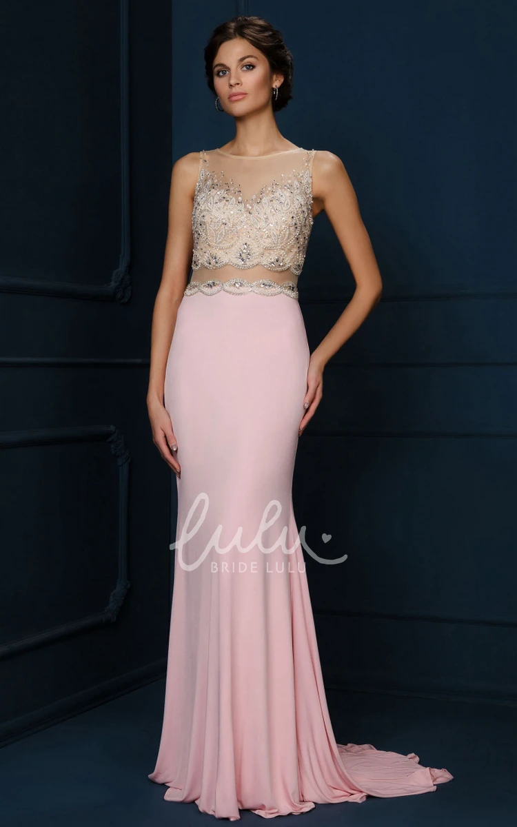 Bateau Neck Chiffon Evening Dress with Appliqued Sheath Silhouette