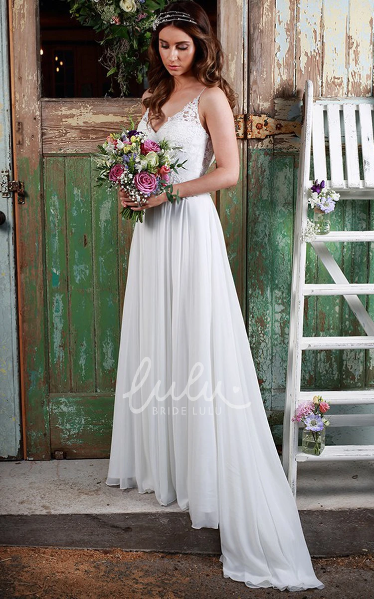 Illusion Spaghetti Strap Chiffon Wedding Dress Long and Pleated with Appliques