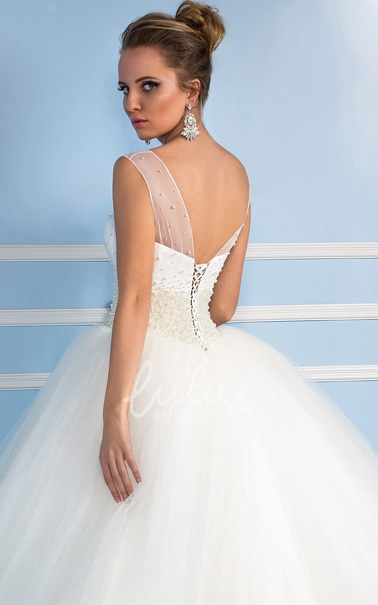 Corset Back Beaded Tulle Wedding Dress with Scoop Neckline Modern Bridal Gown