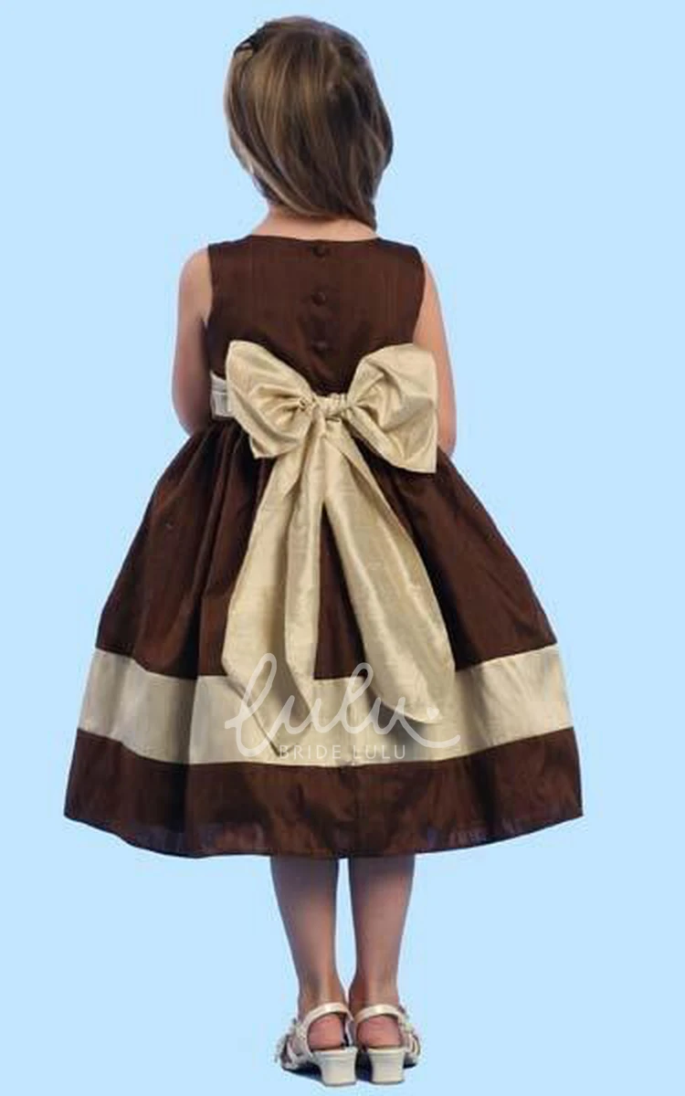 Sleeveless Satin Bowed Flower Girl Dress Tea-Length Bridesmaid Dress