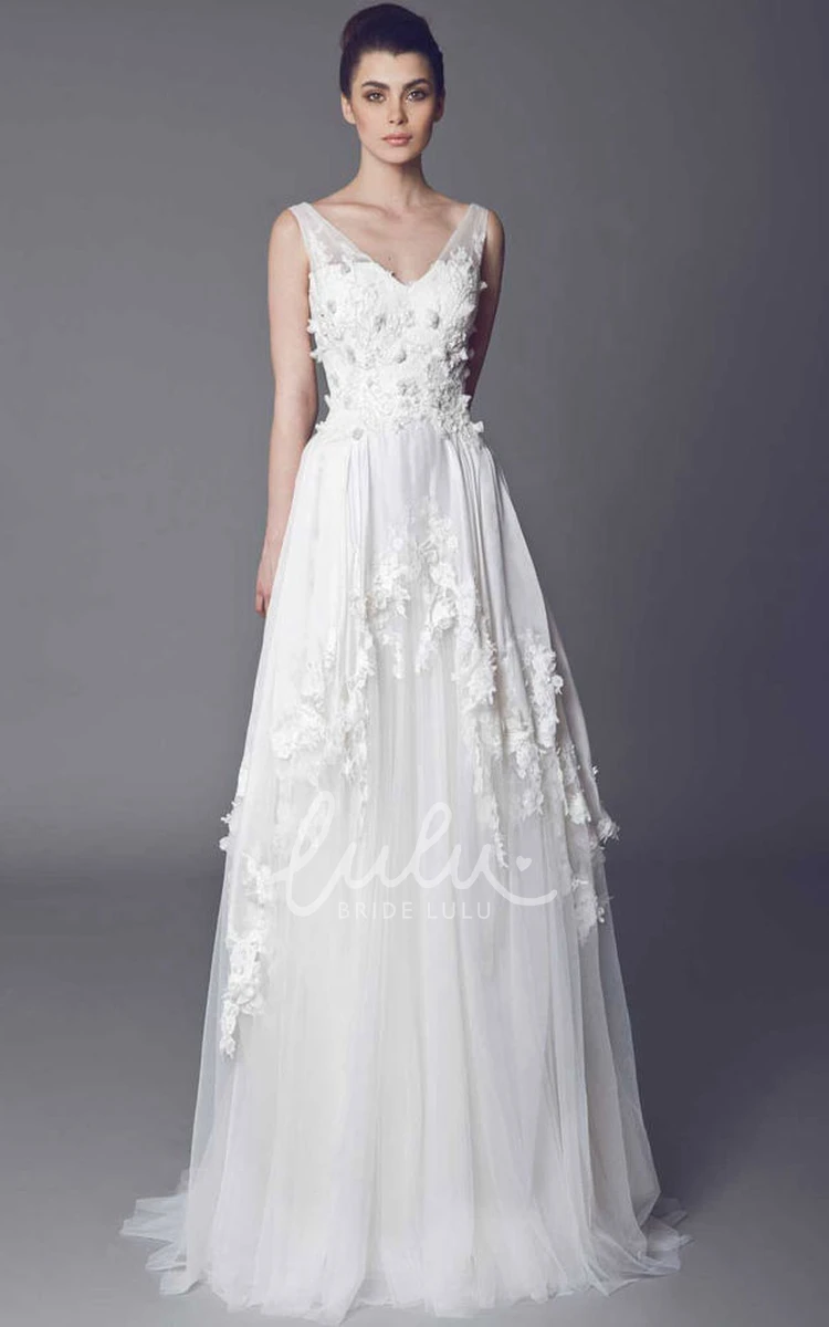 Tulle Appliqued V-Neck Wedding Dress with Court Train and Draped Design Classic Bridal Gown