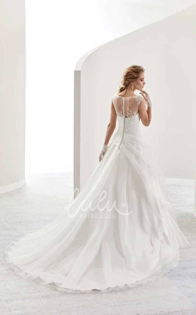 Illusive A-Line Bridal Gown with Side Ruffles and Cap Sleeves