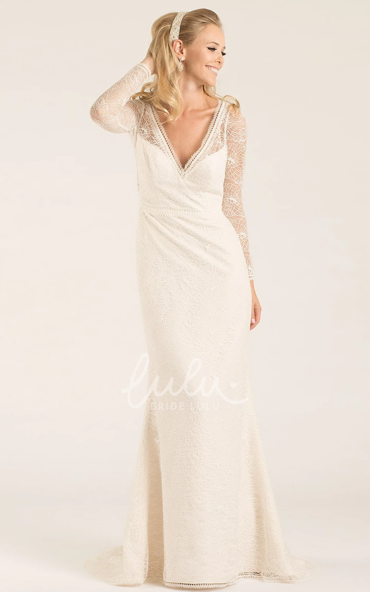 V-Neck Lace Sheath Wedding Dress with Keyhole and Long Sleeves Unique Wedding Dress 2024