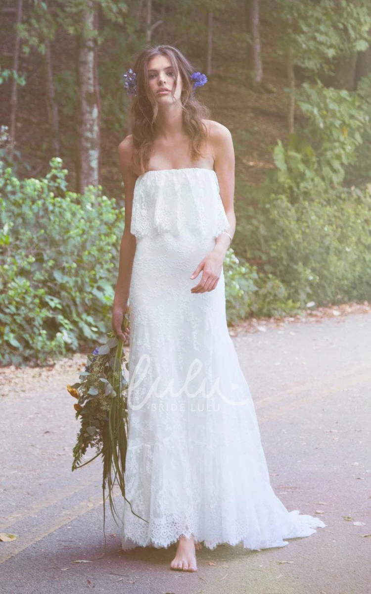 Boho Lace Wedding Dress with Ruffles Off-Shoulder Long Sheath Flowy