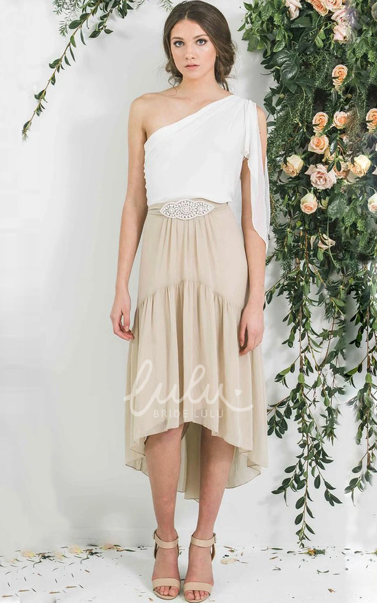 One-Shoulder Chiffon Sleeveless Bridesmaid Dress with Jeweled Detail High-Low Length
