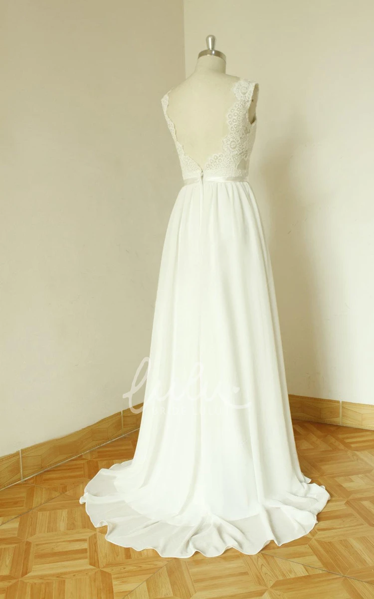 Bohemian Floral A-Line Lace Chiffon Wedding Dress Romantic Elegant V-Neck Backless Sleeveless Bridal Gown with Sash