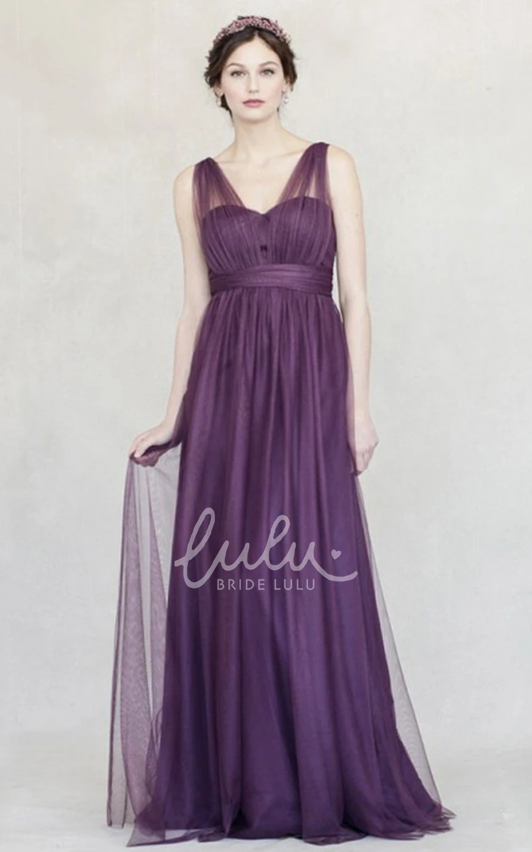 Empire Tulle Bridesmaid Dress with Ruched V-Neck Maxi Sleeveless Straps