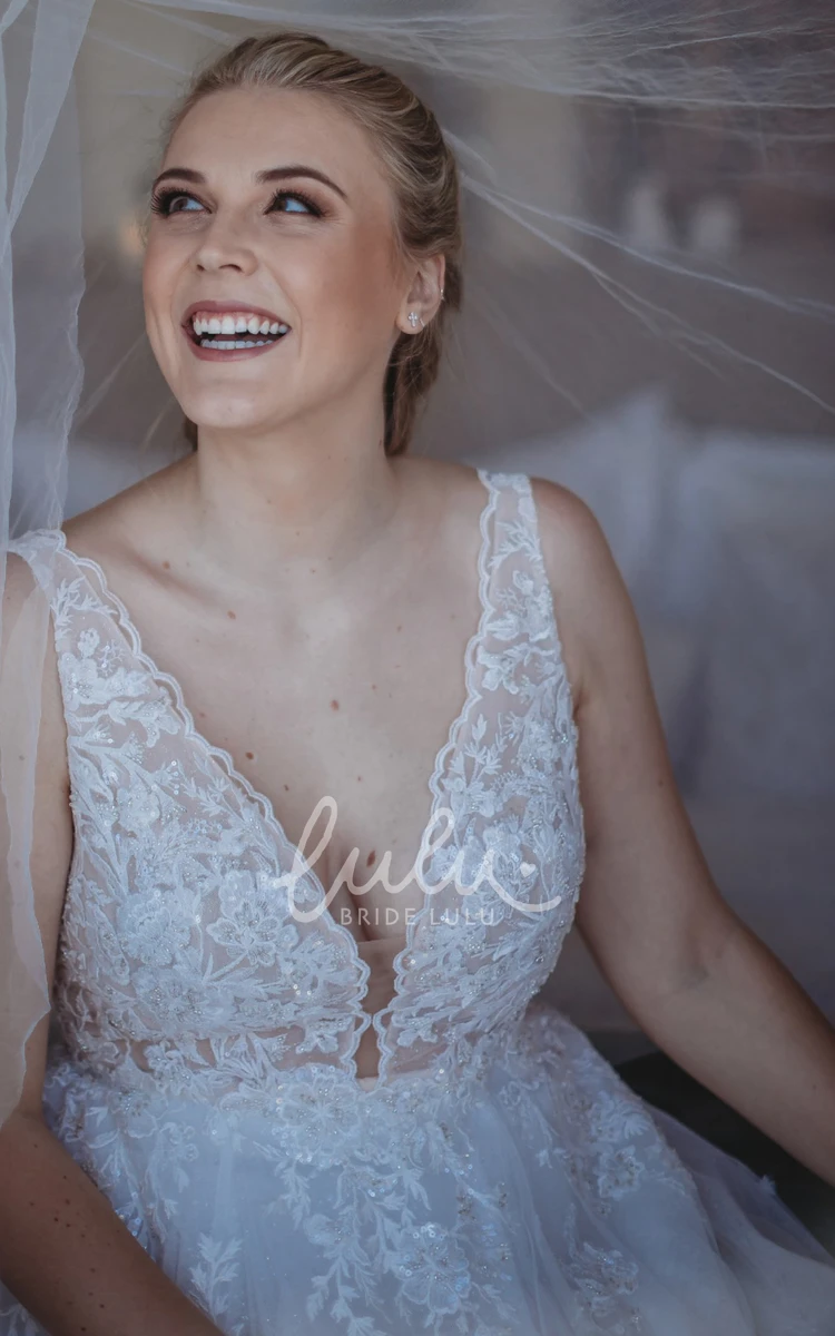 Bohemian A-Line Wedding Dress V-neck Lace with Beach Appliques Sequins Low-V Back