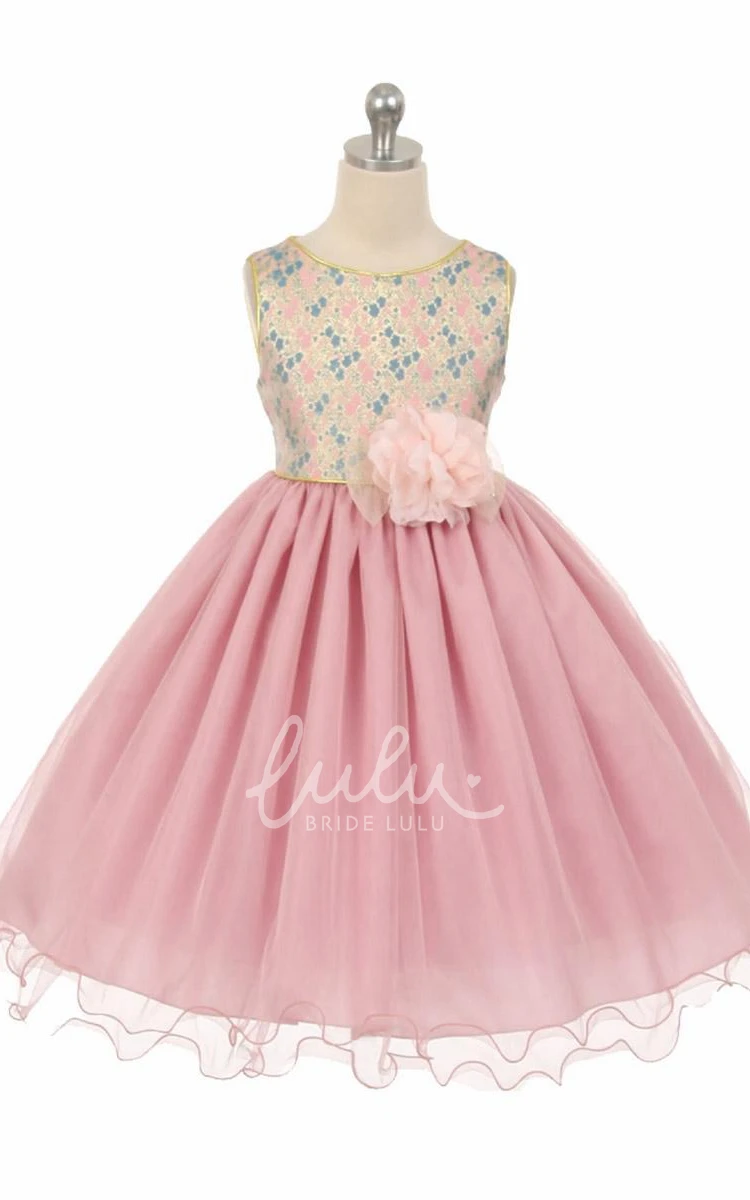 Flower Girl Dress with Beaded Tulle Floral Design Tea-Length Sash and Brooch Classy Look