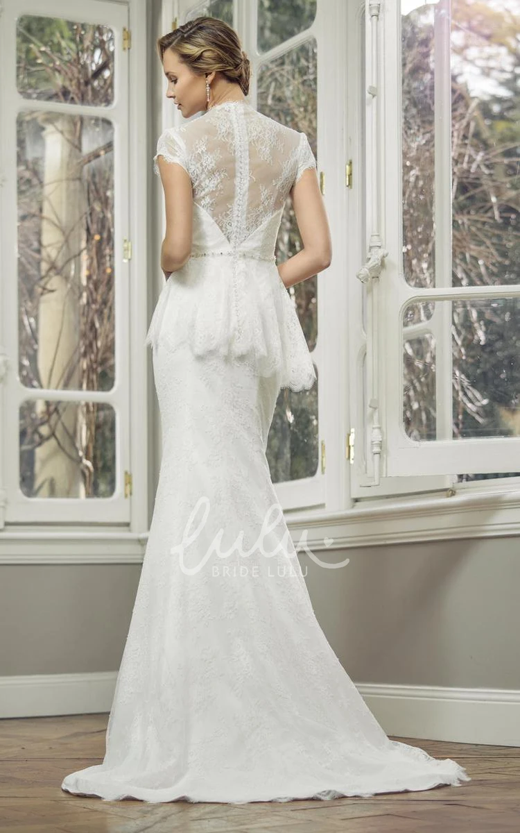 High Neck Lace Sheath Wedding Dress with Peplum and Illusion Classy Bridal Gown