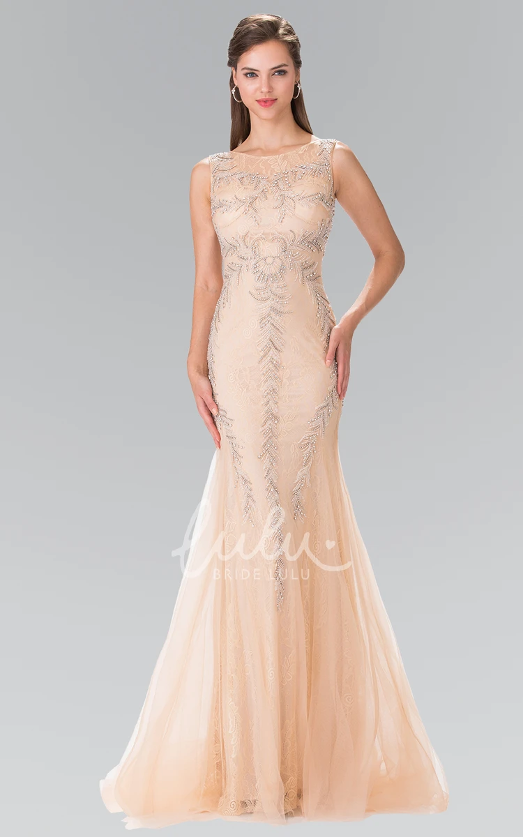 Sleeveless Mermaid Tulle Lace Illusion Formal Dress with Beading