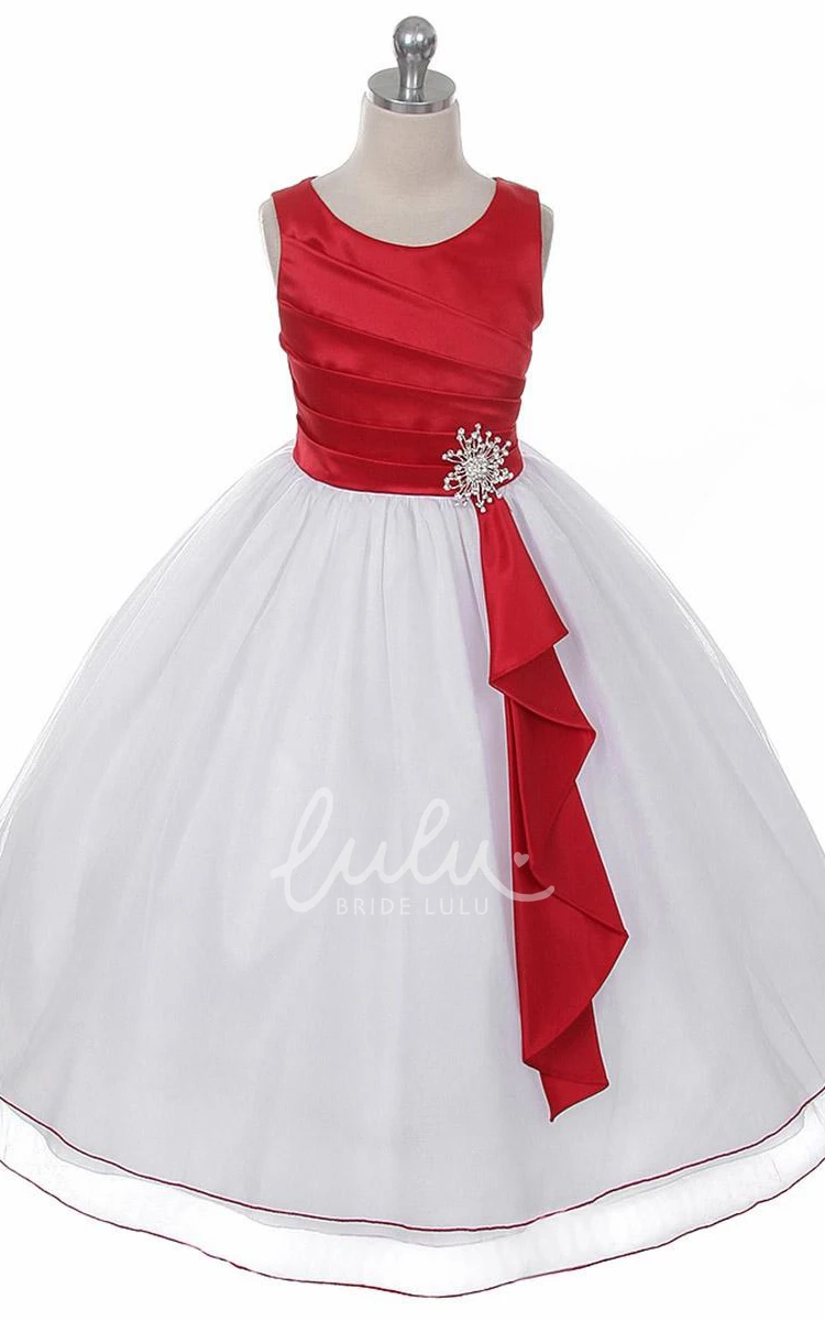 Pleated Satin Flower Girl Dress with Brooch and Ruffles Tea-Length