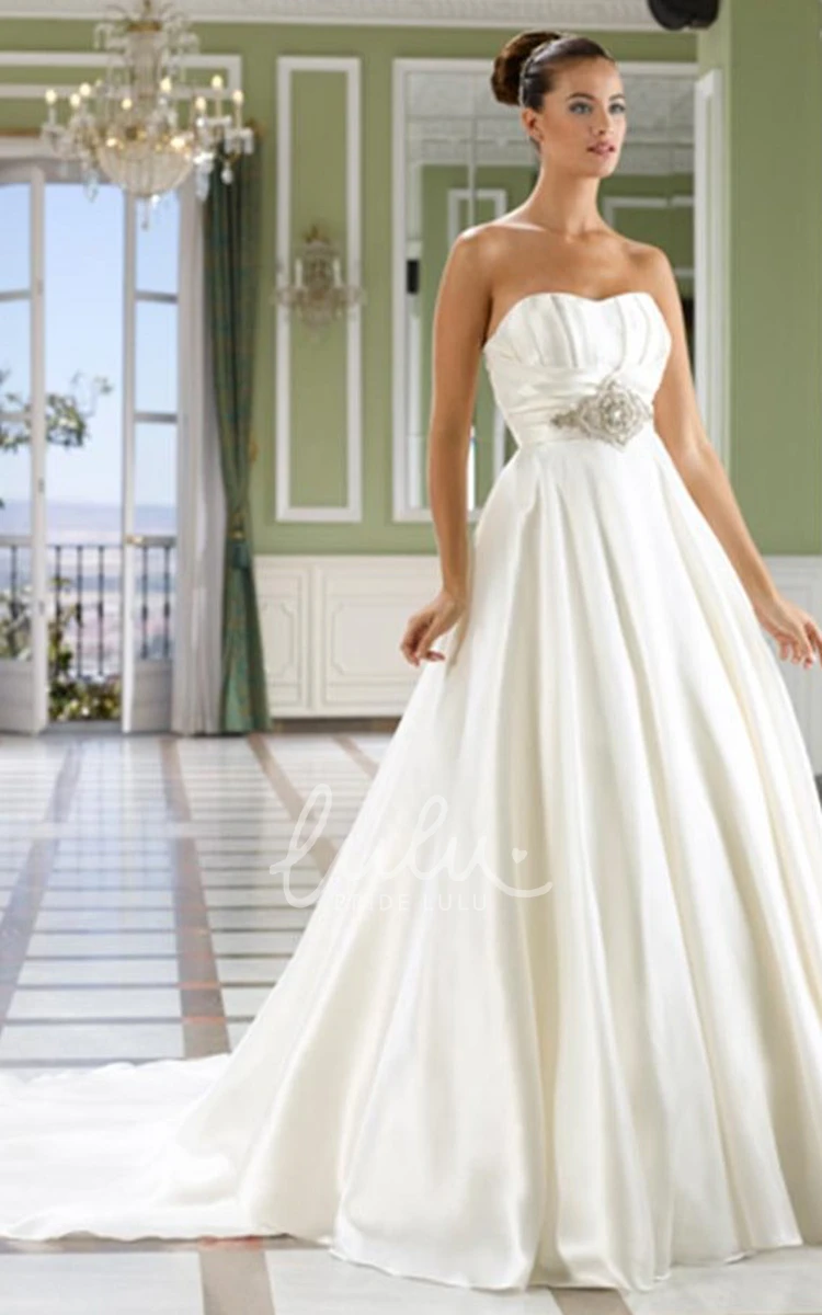 Satin Jeweled Wedding Dress with V-Back and Chapel Train Sweetheart Floor-Length