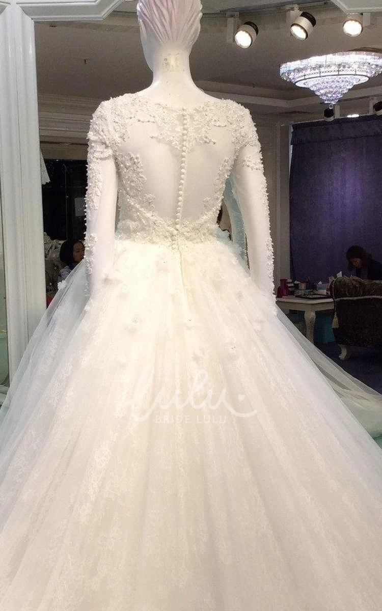 Lace Bridal Gown with Long Sleeves and Cathedral Train Romantic Style