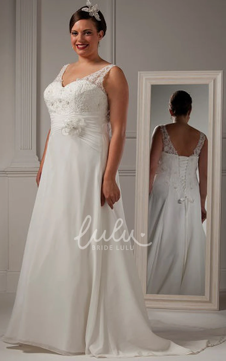 A-Line Lace-up Bridal Gown with V Neck and Waist Flower Wedding Dress