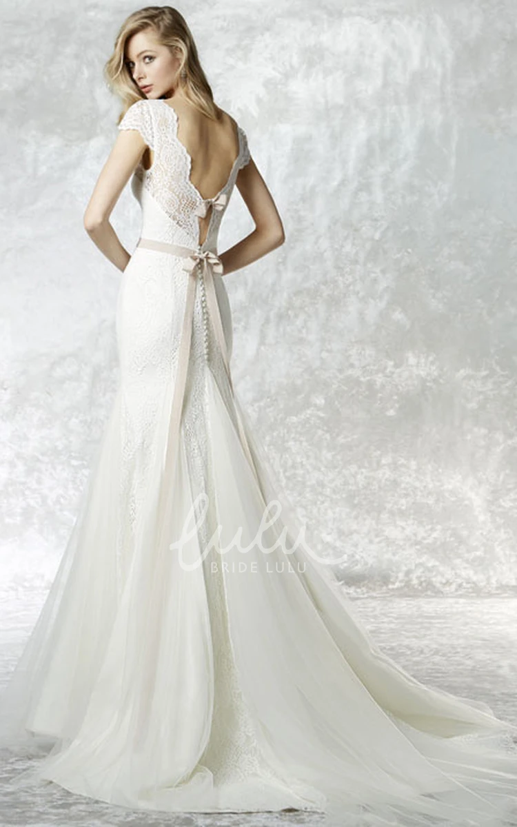Bateau Neck Cap Sleeve Lace Wedding Dress with Court Train and Bow Detailing