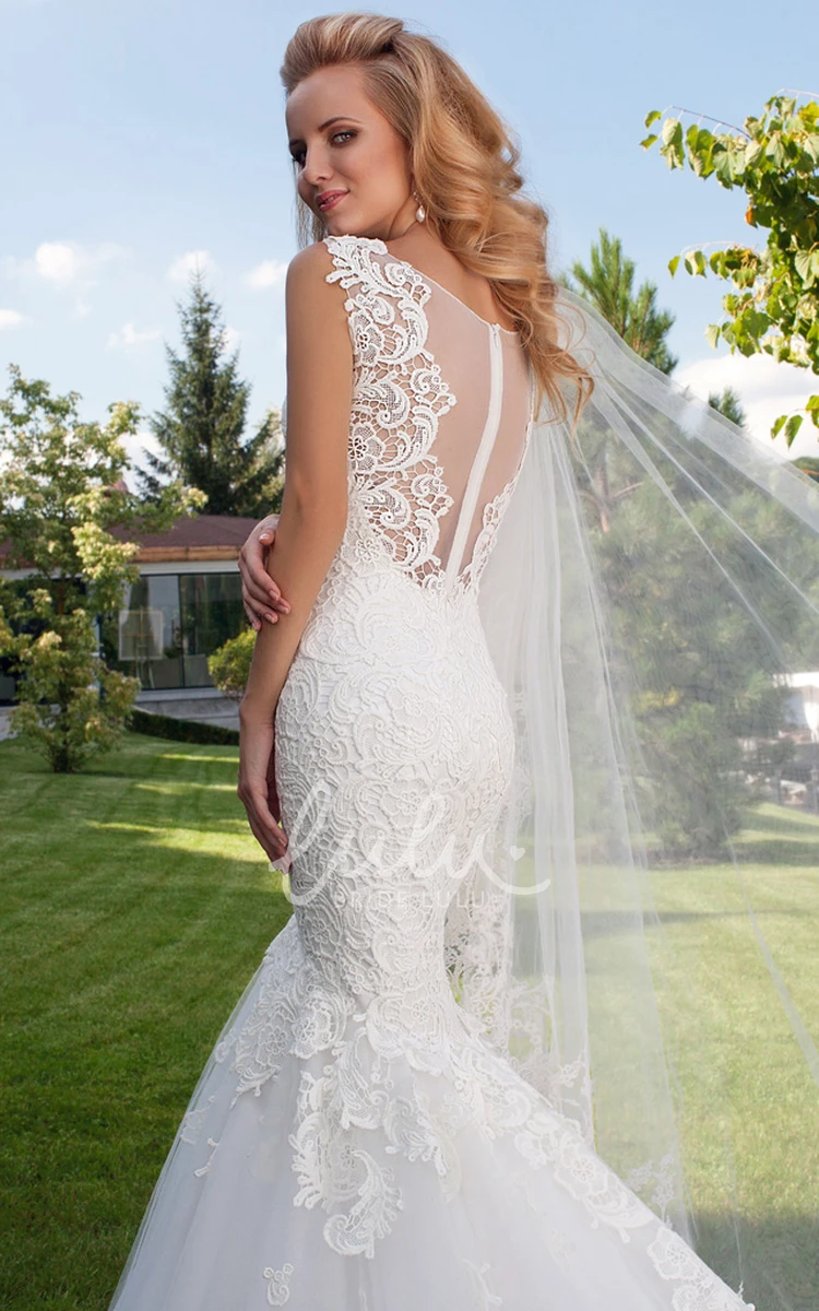 Square Appliqued Lace&Tulle Wedding Dress Mermaid Chapel Train