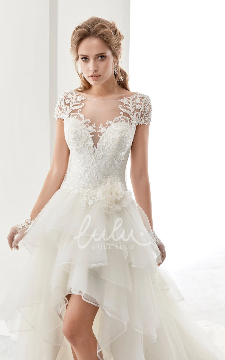 High-Low Bridal Gown with Ruffles and T-Shirt Sleeves Unique Wedding Dress