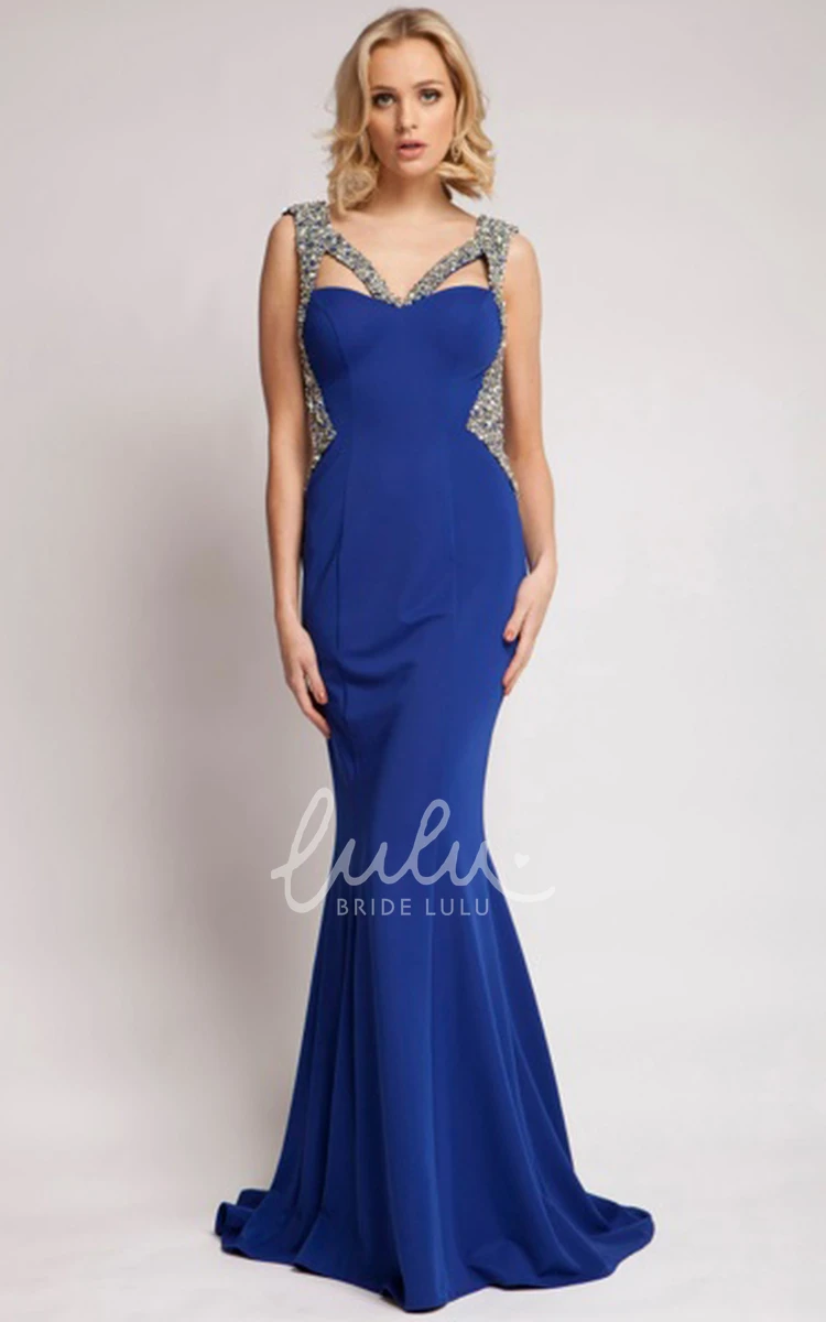 Sleeveless Beaded V-Neck Jersey Prom Dress Backless and Glamorous