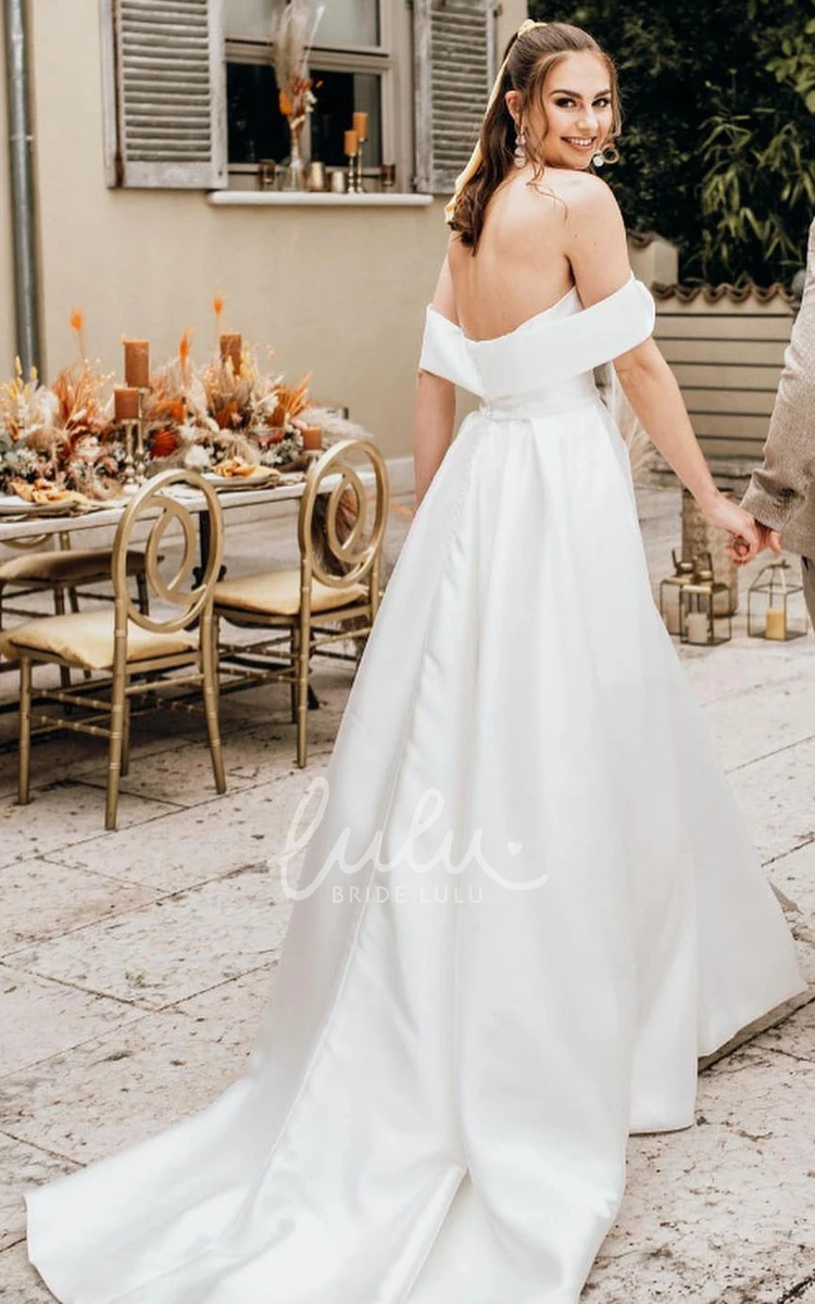 Off-shoulder Satin Beach Wedding Dress with Split Front and Open Back Simple Sexy