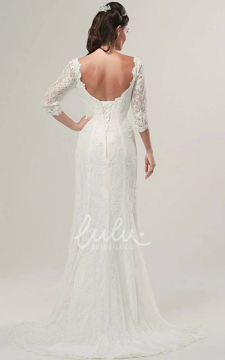 Half Sleeve Lace Wedding Dress with V-Neck and Brush Train Flowy Bridal Gown