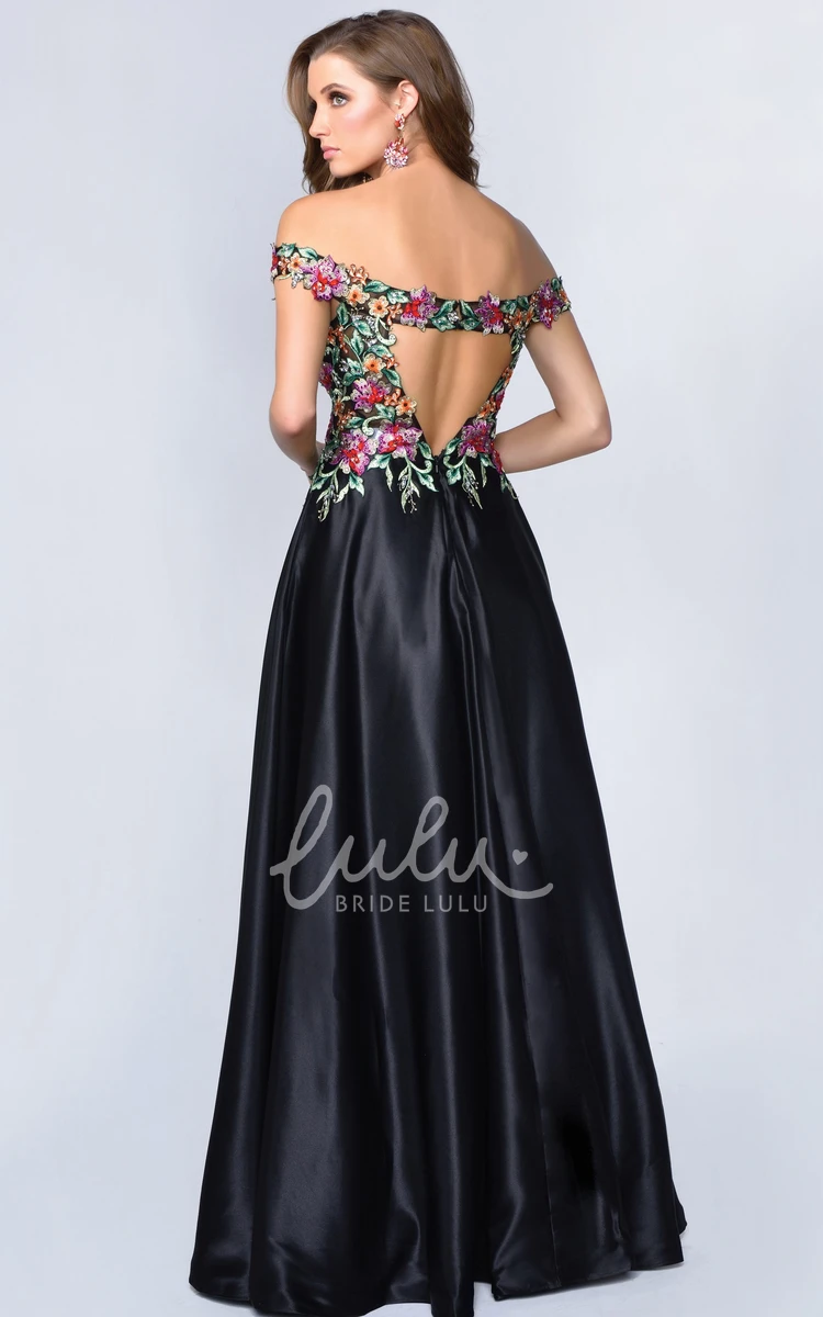 Off-The-Shoulder Satin A-Line Formal Dress with Keyhole and Embroidery