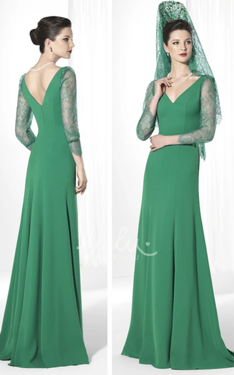 Lace V-Neck Jersey Prom Dress Floor-Length with 3/4 Sleeves