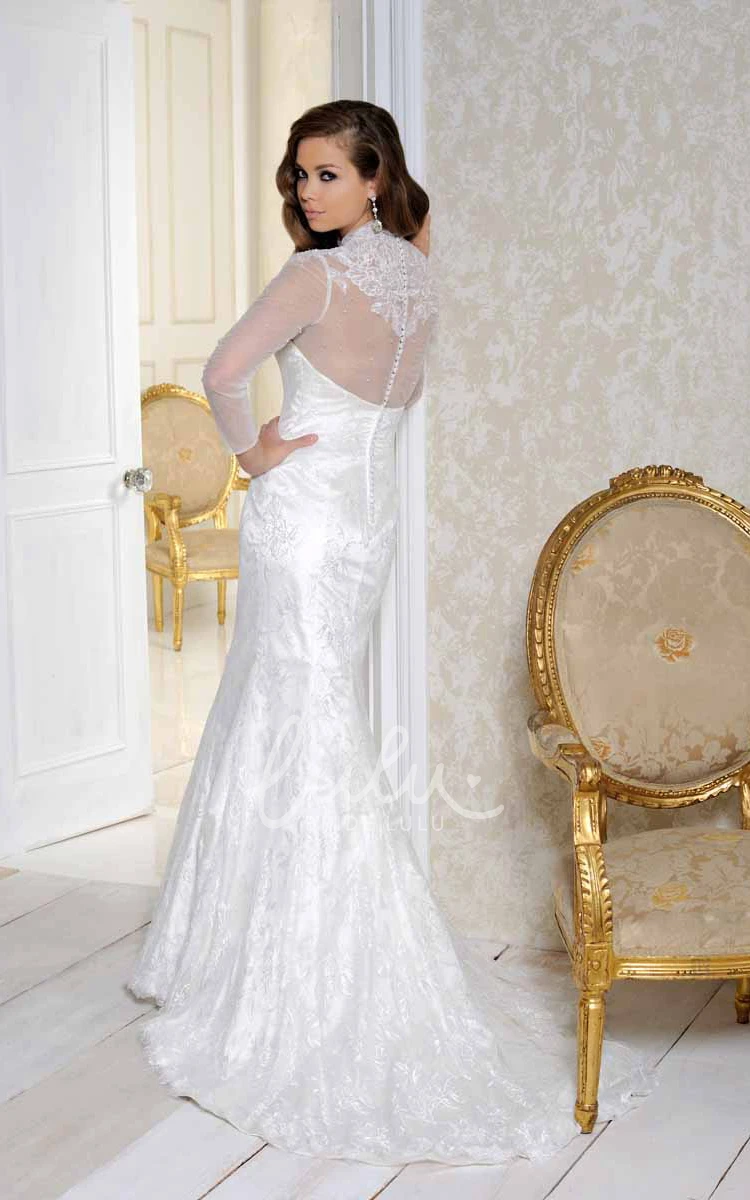 Long-Sleeve Satin Wedding Dress with High Neckline and Appliques Classic Bridal Gown