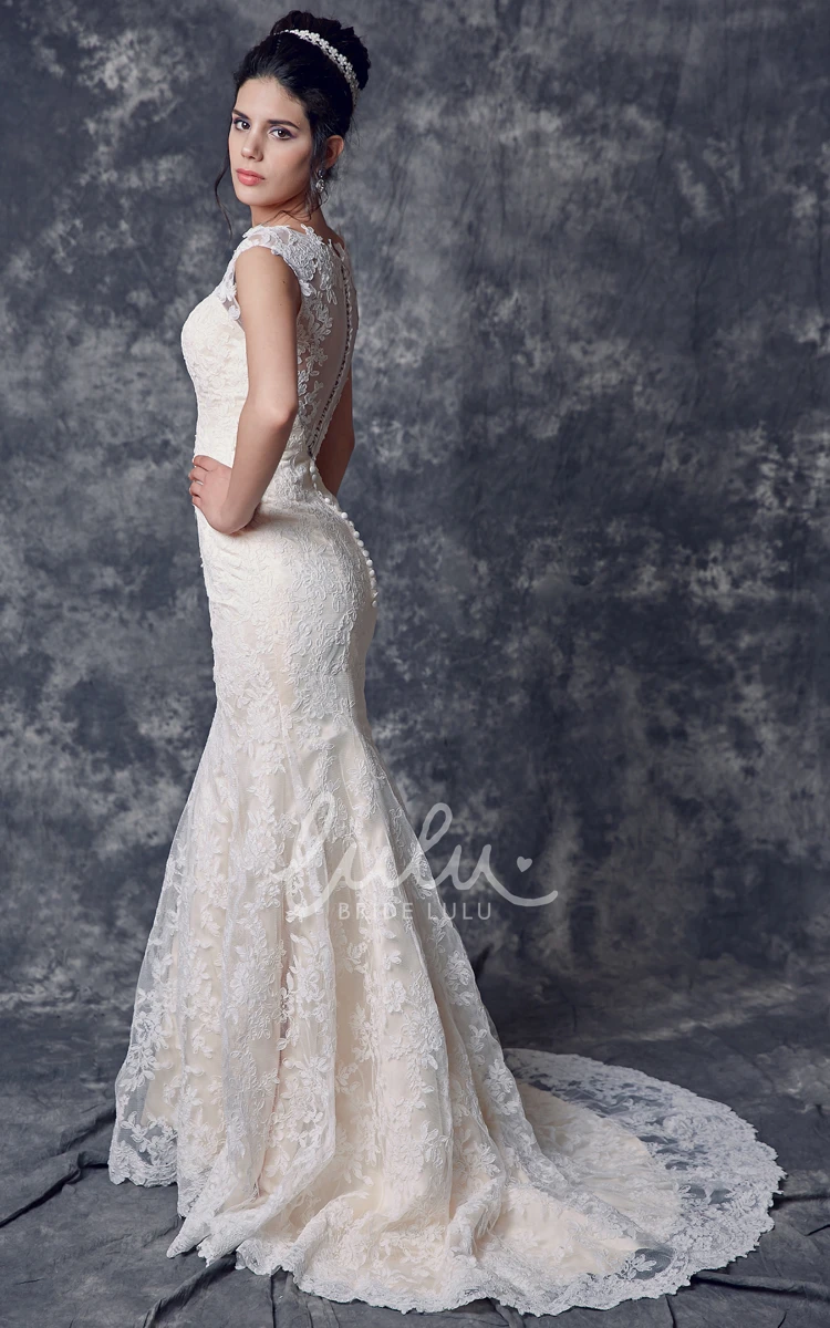 Illusion Back Mermaid Lace Wedding Dress with Cap Sleeves