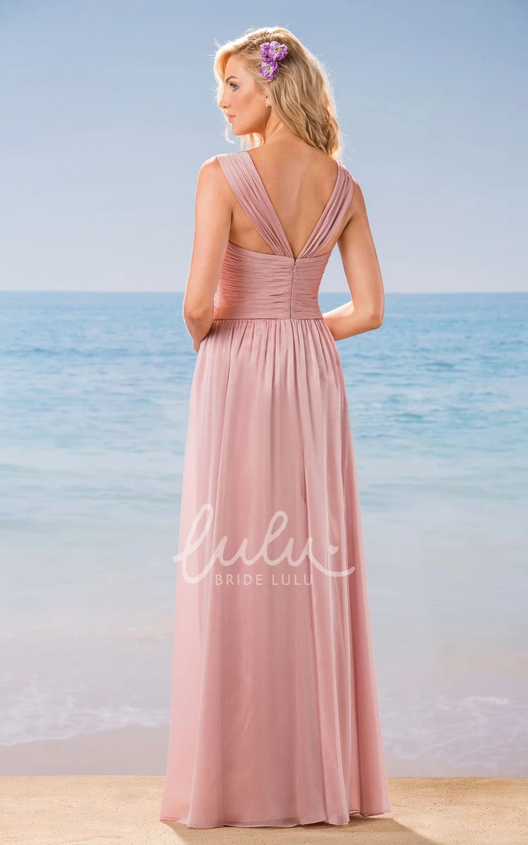 Sleeveless V-Neck A-Line Long Bridesmaid Dress with Pleats and V-Back Pleated V-Neck Sleeveless A-Line Bridesmaid Dress Long