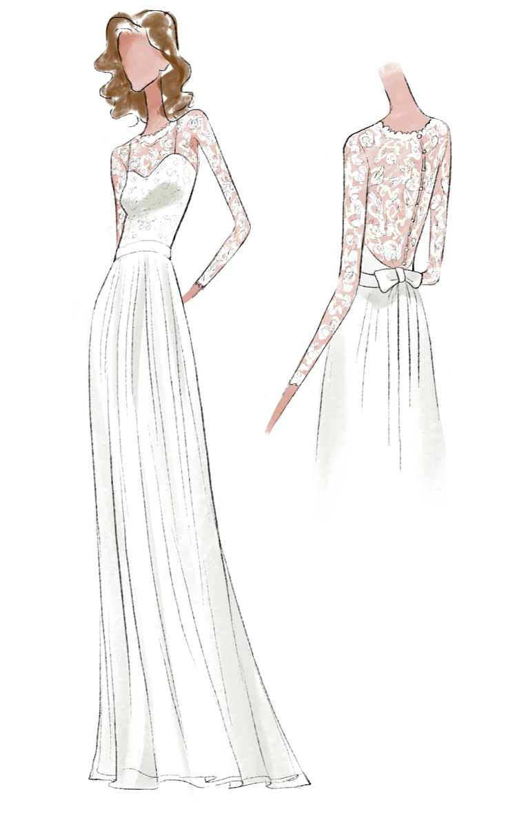 Chiffon Lace Satin Long Sleeve Wedding Dress with Plunging Neckline