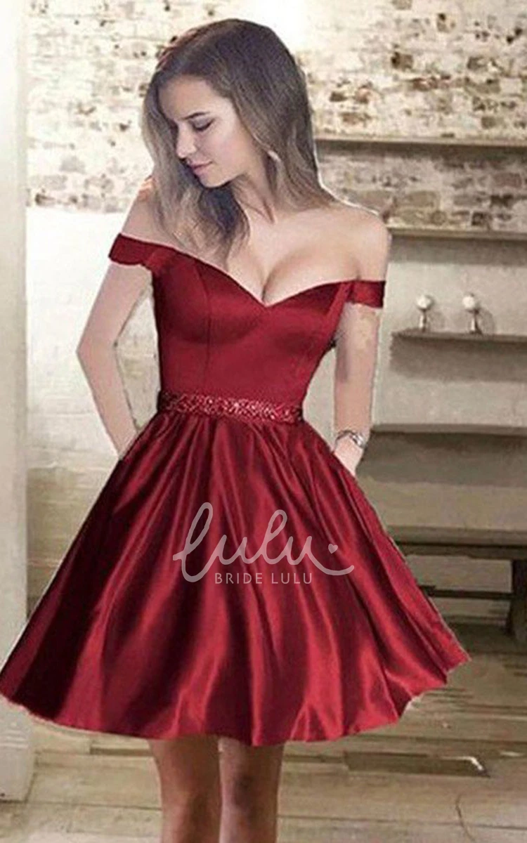 Off-the-shoulder Satin A-line Homecoming Dress with Beading Pockets and Ruching