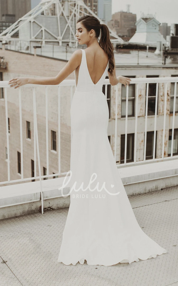 Deep V-back Mermaid Satin Wedding Gown with Train and V-neck