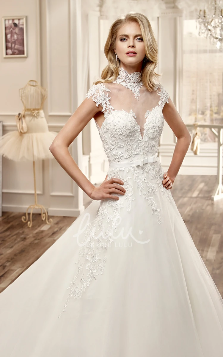 A-Line Wedding Dress with High Neck Appliques and Illusive Neckline/Back