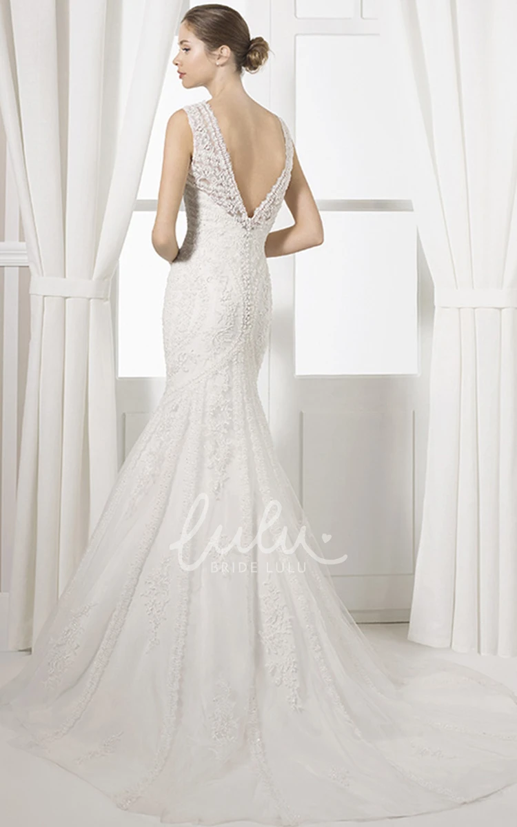V-Neck Lace Sheath Wedding Dress with Applique and Court Train
